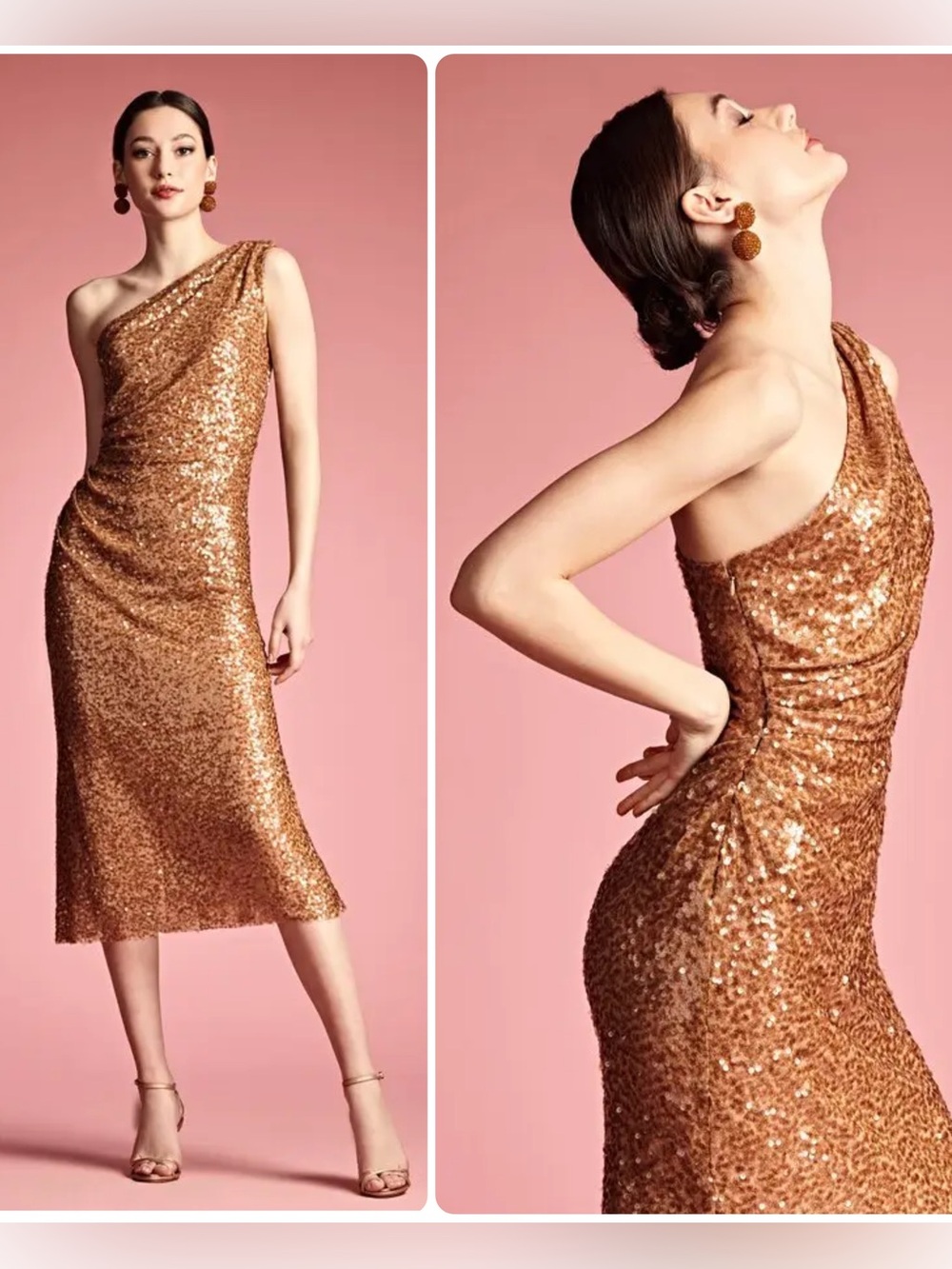 Sachin + Babi One-Shoulder Sequin Midi Dress in Metallic Copper